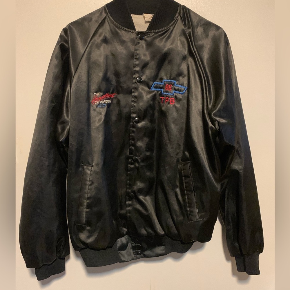 Vintage black Heart Beat of America Chevrolet satin jacket
